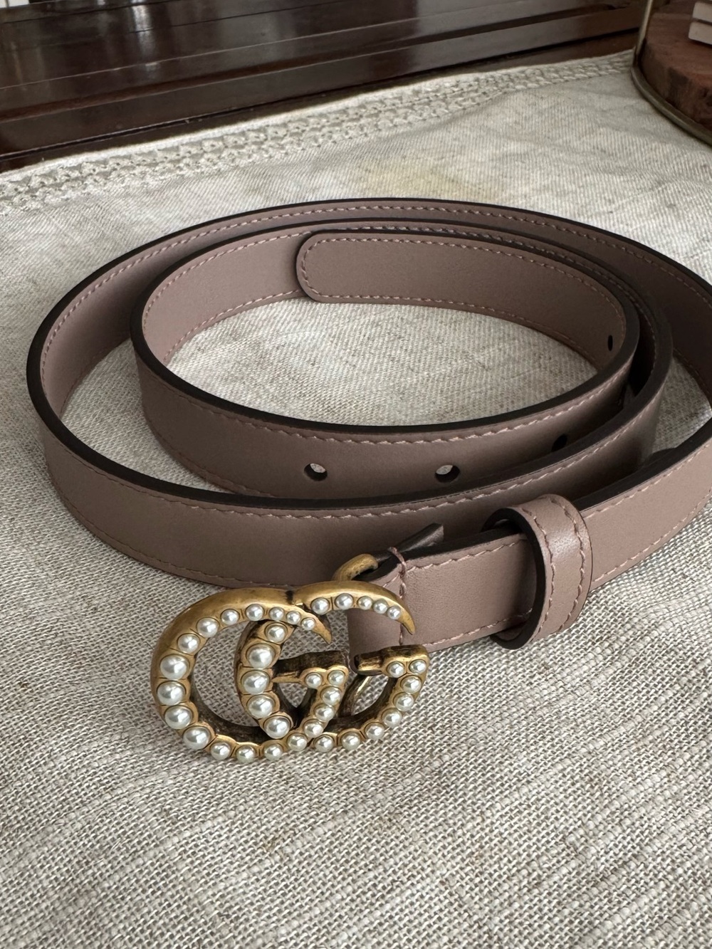 Gucci Dusty Pink Marmont Leather Belt with Pearl Double G Buckle